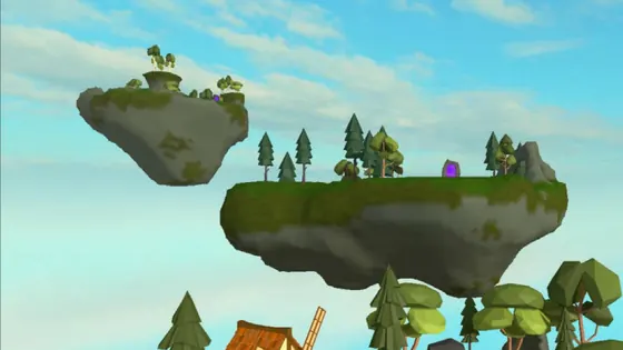 An in-game floating island with trees, a windmill and a purple portal