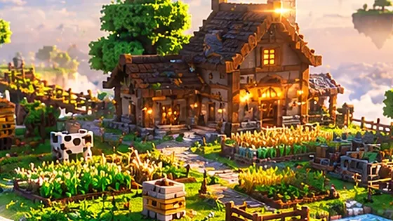 Crop fields, fences and a cow beside a wooden farmhouse on a floating island