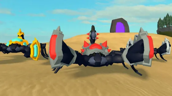 An armored skorp on desert sand in front of a purple portal