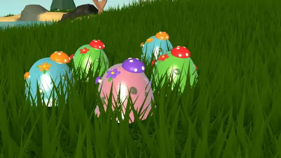 Green, blue and pink jelly slimes with mushroom caps in tall grass