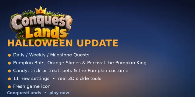 Halloween update banner: daily, weekly and milestone quests; Pumpkin Bats, Orange Slimes and Percival the Pumpkin King; candy, trick-or-treat, pets and the Pumpkin costume; 11 new settings; real 3D sickle tools; a fresh game icon